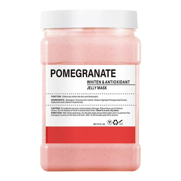 Pink jelly mask jar with white lid labeled 'Pomegranate' on a white background