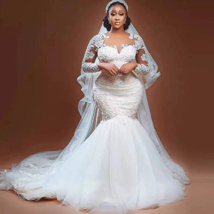 "Dio Eclectic Illusion Pleats Lace Appliques African Mermaid Wedding Dress" - Dio Kollections