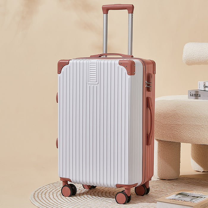 White suitcase with brown accents on a beige background