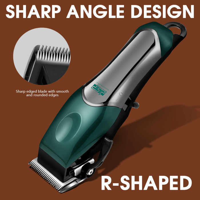 Hair clipper with 'Sharp Angle Design' and 'R-Shaped' features on a brown background