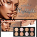 Makeup palette with 'micolor Highlights' branding and color swatches.