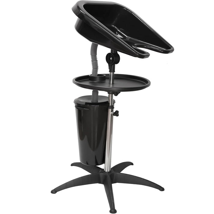 Black adjustable stand with tablet holder on a white background