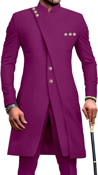 Purple traditional outfit with gold buttons on a white background