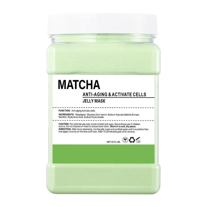 Matcha anti-aging jelly mask in a jar with a white lid on a white background