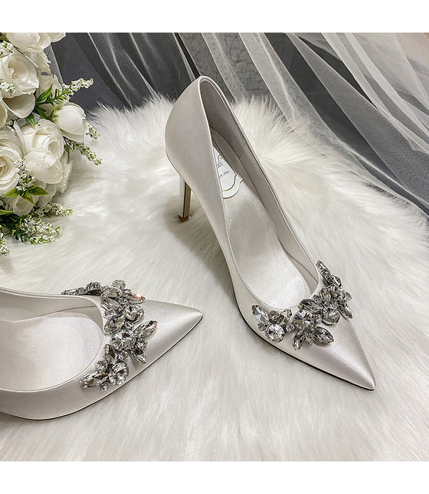 Crystal Champagne White Satin Bridesmaid Stiletto High Heel Shoes