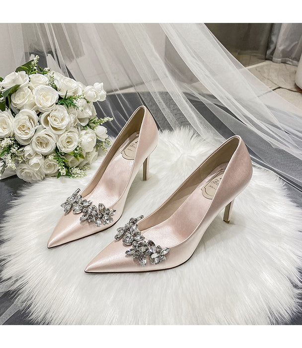 Crystal Champagne White Satin Bridesmaid Stiletto High Heel Shoes