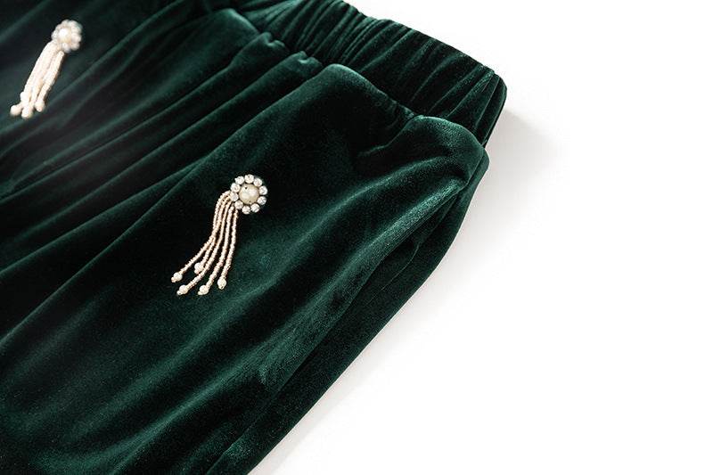 Velvet Beaded Fashion Suit Green Fruit Collar Suit Jacket Lace-up Elastic Wide Leg Pants Two-piece Set - Dio Kollections