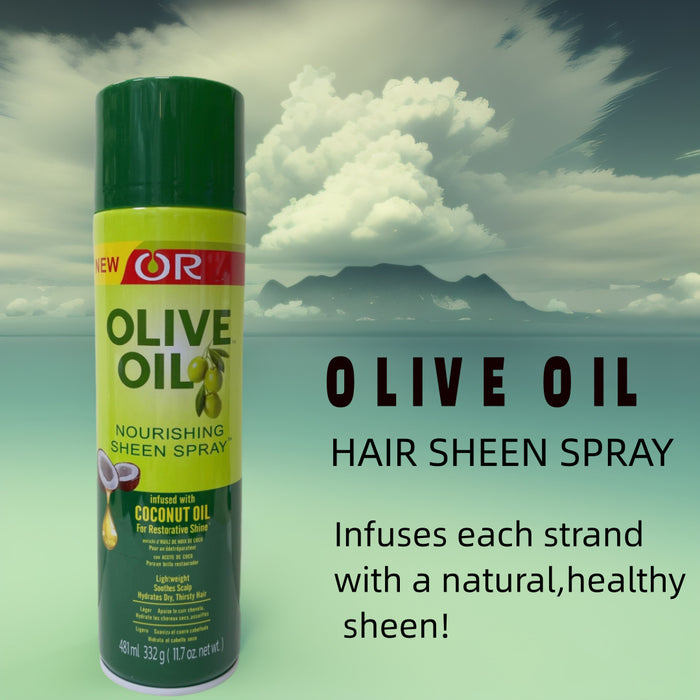 Olive oil hair sheen spray can with scenic background