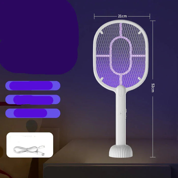 Electric fly swatter with dimensions and text on a dark background