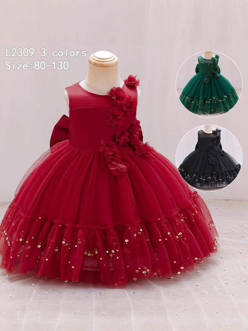 Red flower girl dress on a mannequin with inset images of green and black dresses.