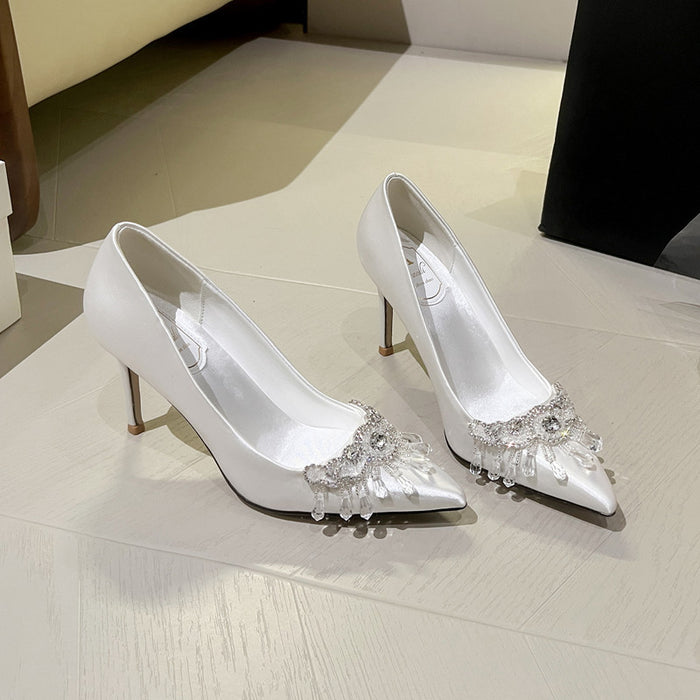 French Pointed Toe Rhinestone Elegant White Satin High Heel Wedding Shoes