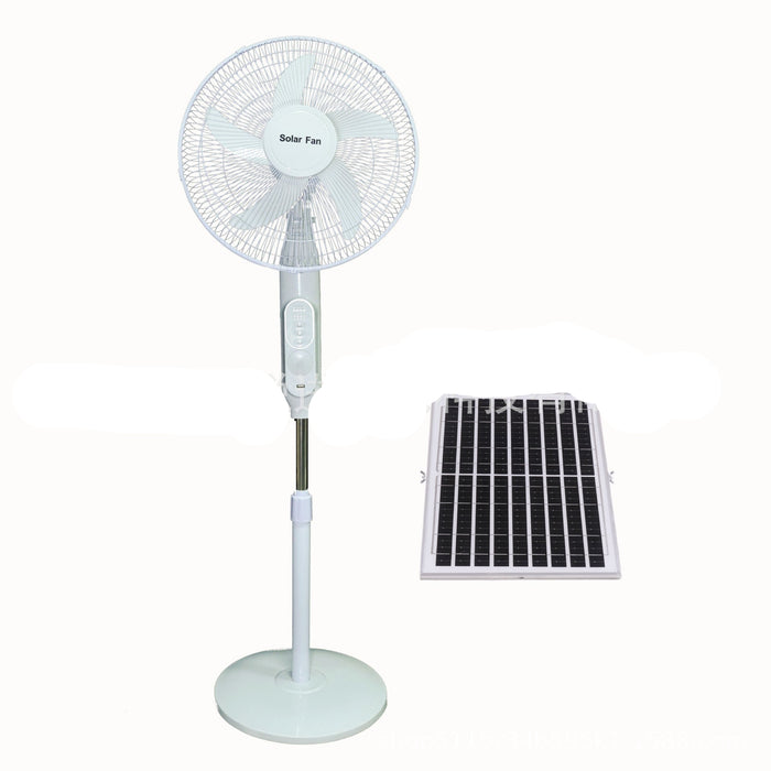 Solar-powered standing fan with solar panel on a white background