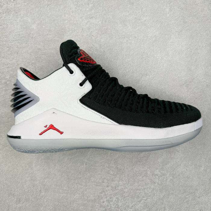 Basketball shoe with black and white design on a gray background
