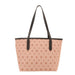 A structured tote bag in a light peach-pink color with an all-over brown monogram pattern, featuring dark brown shoulder straps and trim, shown against a plain white background.