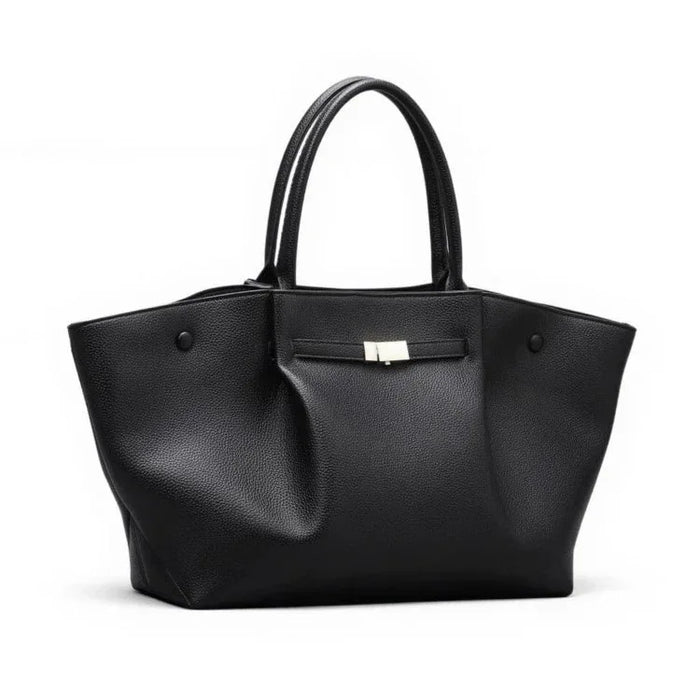 Black handbag with a gold clasp on a white background