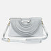 Silver handbag with a strap on a white background