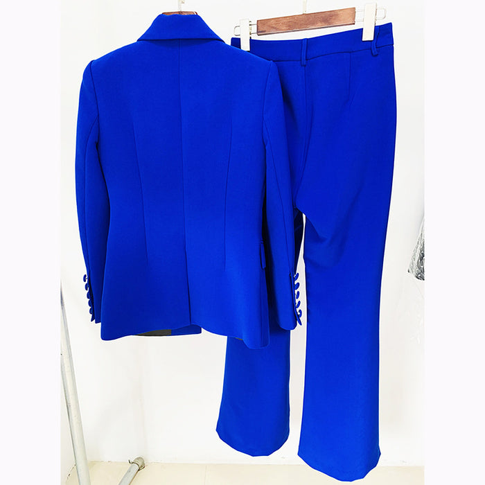 Blue suit jacket and pants on a white background