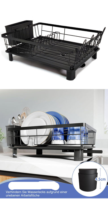 Black dish rack with additional foot for stability on a white background