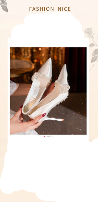 High-end Pearl French Satin Plus Size Wedding Shoes 41-43