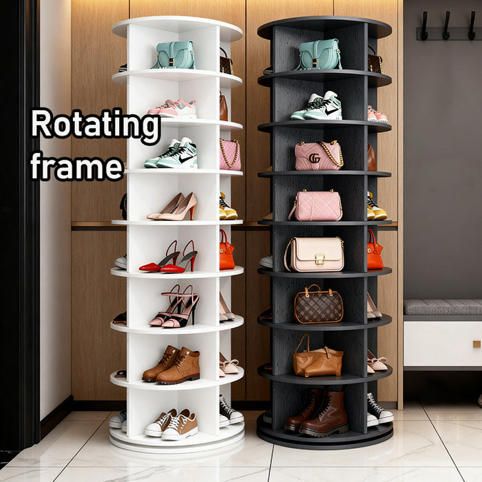 Two rotating shoe and handbag display shelves in a room setting.