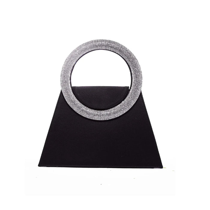 Black handbag with a decorative circular handle on a white background