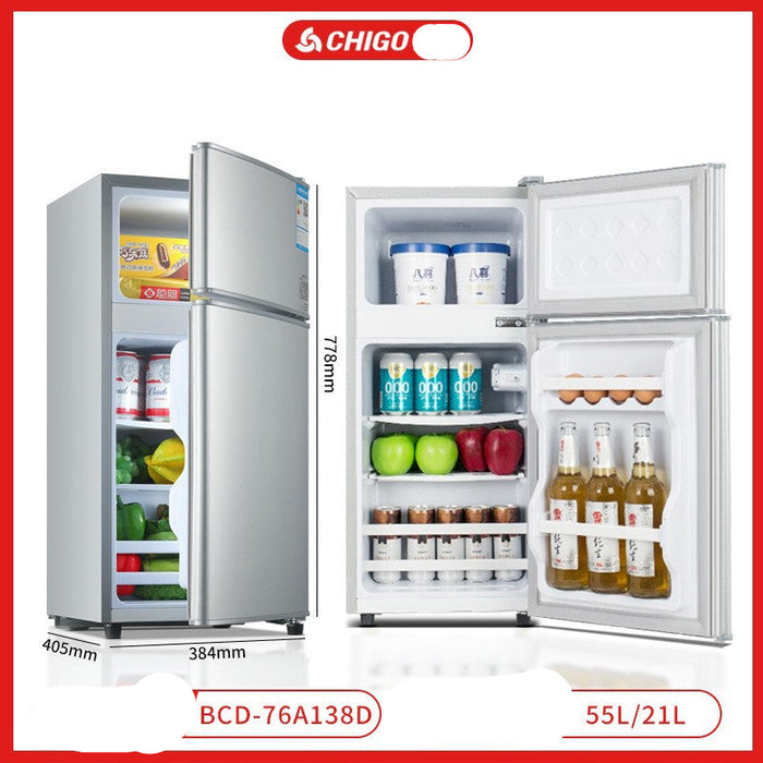 Small refrigerator with open doors showing interior compartments and items on a white background.