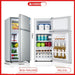 Small refrigerator with open doors showing interior compartments and items on a white background.
