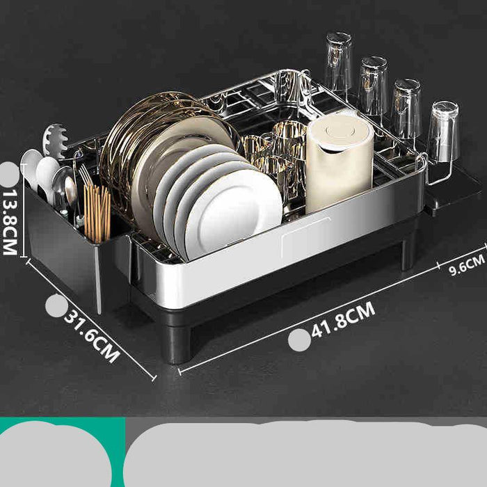 Dish drying rack with measurements on a black background