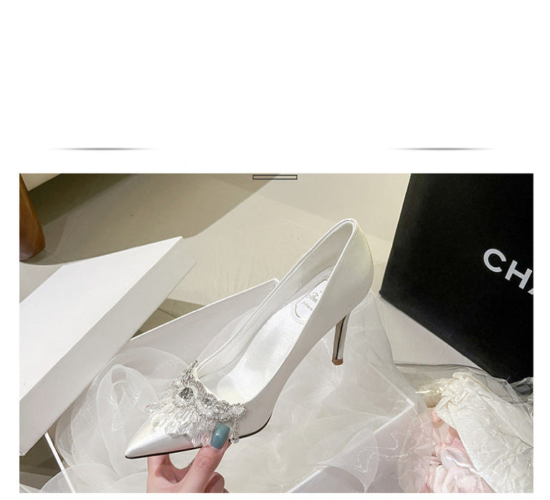 French Pointed Toe Rhinestone Elegant White Satin High Heel Wedding Shoes