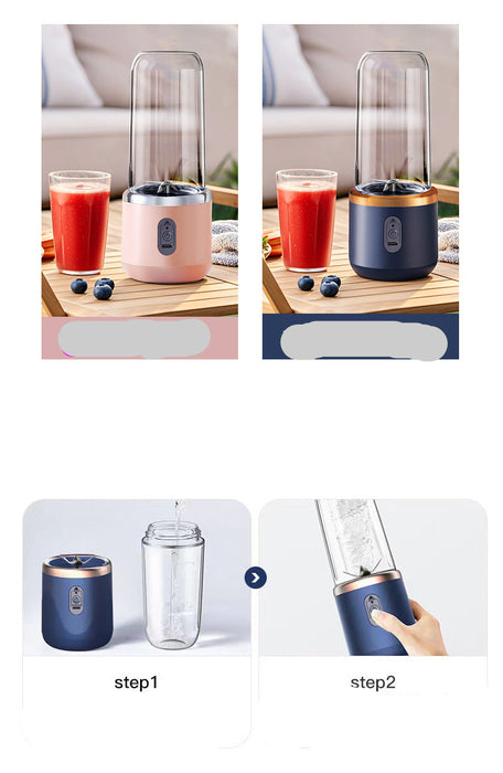 Portable blender with different color options on a wooden surface.