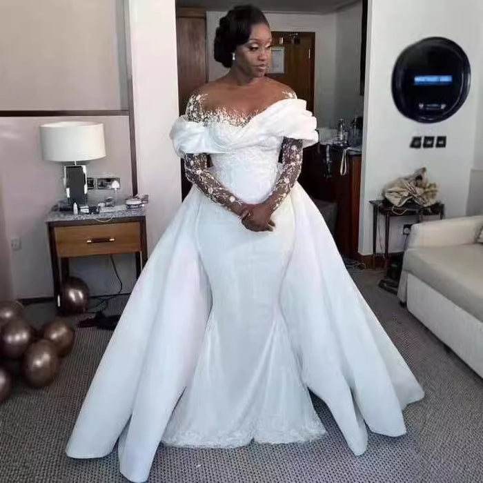 Pure White African Bridal Mermaid Wedding Dress with Detachable Tail
