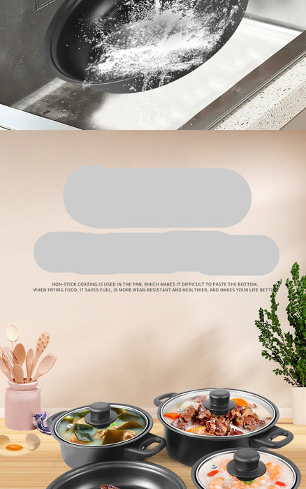 A promotional graphic for a non-stick cookware set. The top half shows a frying pan splashing water in a stainless steel sink, with Chinese text below emphasizing a non-stick coating.