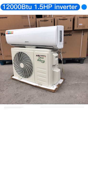 Air conditioning unit with technical specifications displayed on a concrete floor.