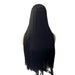 Black wig on a mannequin head against a white background