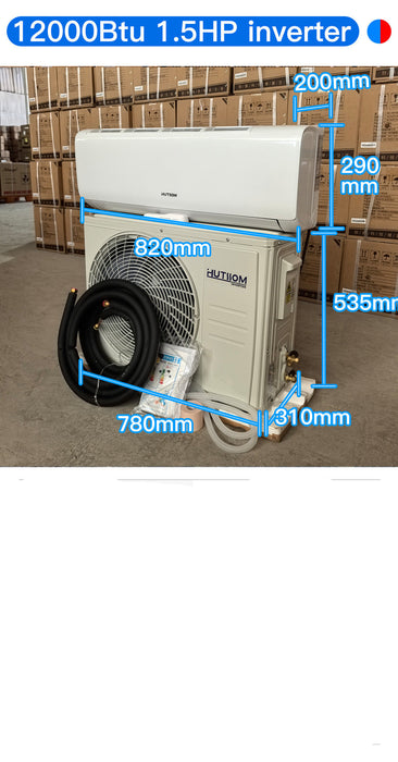 Air conditioning unit with dimensions labeled on a warehouse floor