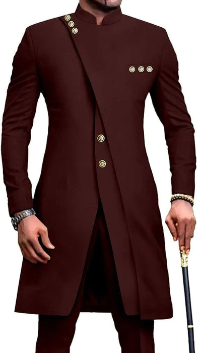 Maroon traditional coat with gold buttons worn by a person, holding a cane.