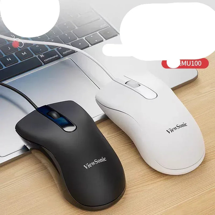Two ViewSonic computer mice on a desk with a laptop in the background.