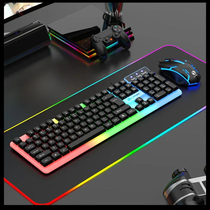 Gaming keyboard and mouse setup on a desk with RGB lighting