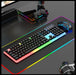 Gaming keyboard and mouse setup on a desk with RGB lighting