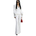 Woman wearing a white suit with a red handbag on a white background