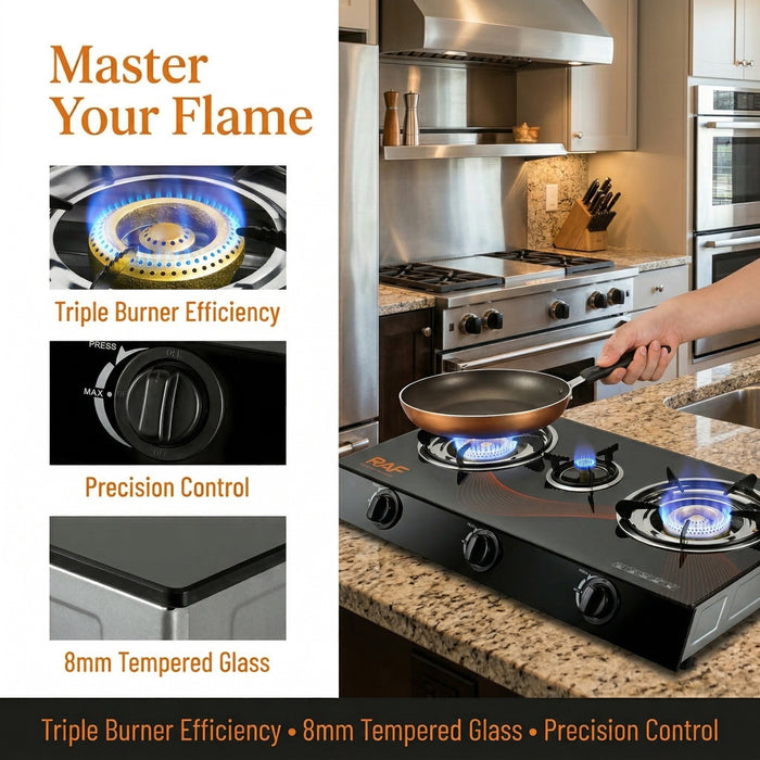 Gas stove with lit burners and a hand holding a pan, featuring text on efficiency and control.