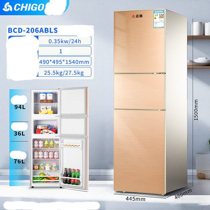 Chigo refrigerator with dimensions and features displayed on a gray background