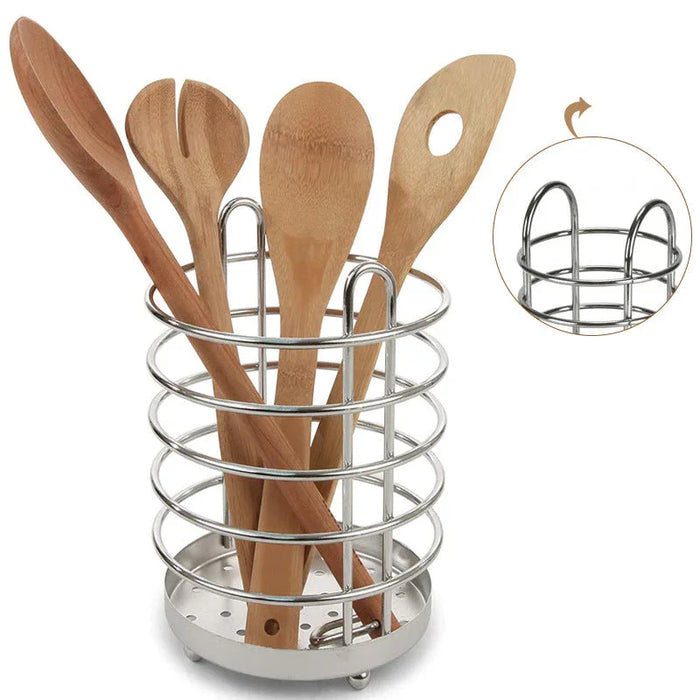 Set of wooden utensils in a metal holder with close-up of holder on a white background
