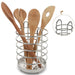 Set of wooden utensils in a metal holder with close-up of holder on a white background