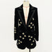 Black blazer with bee embroidery on a mannequin against a white background
