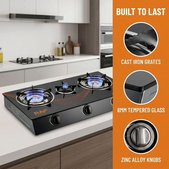 Gas stove on a kitchen counter with features highlighted on an orange panel.