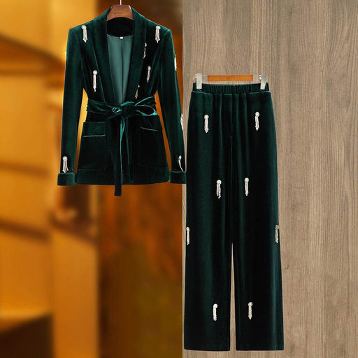 Velvet Beaded Fashion Suit Green Fruit Collar Suit Jacket Lace-up Elastic Wide Leg Pants Two-piece Set - Dio Kollections