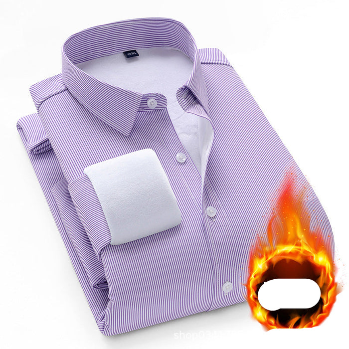 Folded purple striped shirt with a white pocket on a white background, featuring a fiery graphic and text.