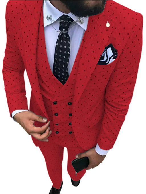 Red patterned suit with a white shirt and black tie on a white background