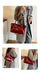A collage showing a person wearing a long taupe coat and carrying a shiny deep red tote bag in an indoor setting. The main panel is the largest, with two smaller side panels below showing additional angles of the bag being worn over the shoulder.